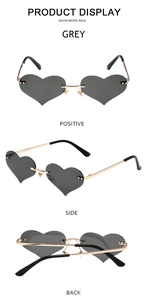 Three views of rimless heart sunglasses with grey lenses and flame engraved details