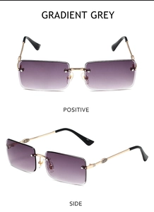 Detail view of rimless square sunglasses with gradient grey lenses and gold metal frame