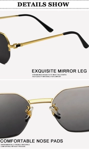 Close-up of gold metal semi-rimless sunglasses frame with soft nose pads and sleek temple