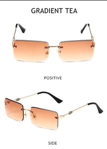 Frameless rectangular gold sunglasses with gradient tea lenses and engraved metal hinges