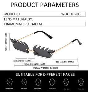 Detailed size chart for rimless flame sunglasses with frame and lens dimensions