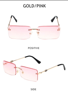Detailed front and side views of rimless rectangular sunglasses with pink gradient lenses