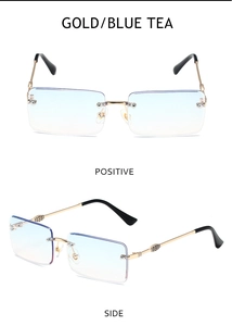 Detail of rimless square sunglasses with gold metal temples and blue tea gradient lenses