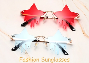 Detail of star-shaped rimless sunglasses with unique water drop effect in red and blue colors