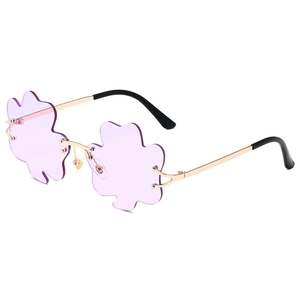 Fashionable lucky shamrock rimless sunglasses with purple lenses and gold metal frames