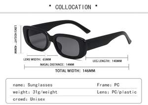 Tableau des tailles détaillé et dimensions de ces lunettes de soleil rectangulaires