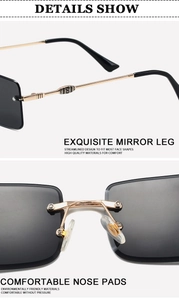 Detail of rimless square metal sunglasses showing exquisite legs and nose pads.