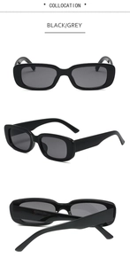 Mise en page à trois vues de lunettes de soleil rectangulaires rétro noires et grises