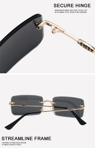 Close-up of secure metal hinges and vintage floral engraving on rimless square sunglasses