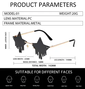 Detailed dimension chart for star-shaped frameless sunglasses with teardrop lenses
