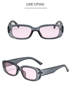 Vue de face et de profil de lunettes de soleil rectangulaires avec verres roses