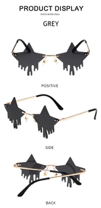 Frameless star-shaped sunglasses with fluid drip design and gold metal arms shown in three views