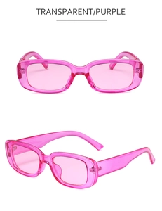 Vue détaillée de lunettes de soleil rectangulaires étroites en violet transparent