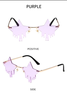 Front and side views of purple star-shaped teardrop sunglasses with gold metal frames