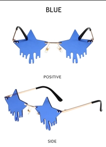 Blue rimless star sunglasses with water drop lenses and golden metal temples