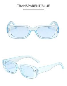 Détail de lunettes de soleil rectangulaires tendance avec monture et verres bleu clair