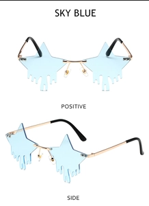 Front and side views of sky blue star-shaped rimless sunglasses with drip lens edge