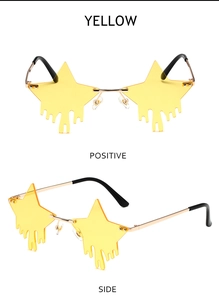 Detail of yellow star shaped rimless sunglasses with unique fluid drip effect and gold frame