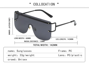 Detailed size chart of unisex oversized sunglasses showing lens height and frame dimensions