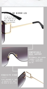 Detail of gradient purple lenses, gold metal temples, and comfortable nose pads on sunglasses