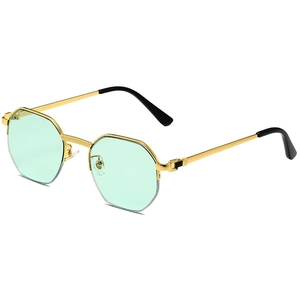 Retro polygon metal half-frame sunglasses with gold frame and light green lenses