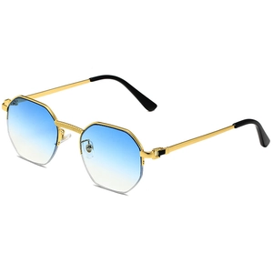 Retro polygon metal sunglasses with blue gradient lenses and gold frames in front view