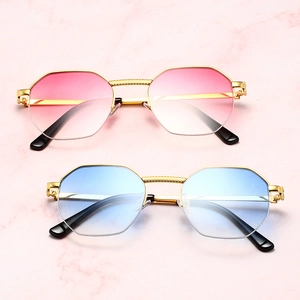 Retro octagonal semi-rimless sunglasses with gold metal frame and colorful gradient lenses
