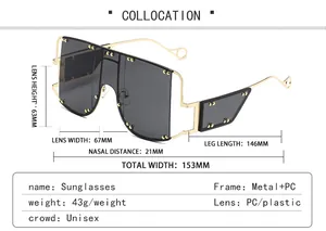 Size chart showing 153mm wide punk rivet oversized shield sunglasses dimensions