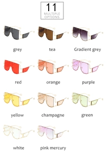 Detailed grid display of 11 oversized punk sunglasses with metallic rivet embellishments