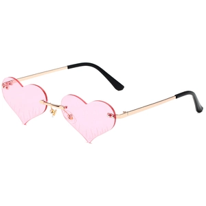 Fashion rimless heart shaped sunglasses with pink flame lenses and gold metal frames