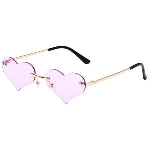 Frameless heart shaped purple sunglasses with gold metal frame and wavy edge detail