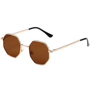 Retro octagonal metal sunglasses with brown lenses and a minimalist gold-tone frame