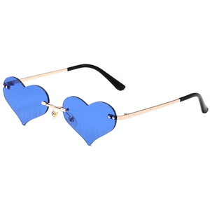 Fashion rimless heart shaped sunglasses with blue lenses and flame etched metal frames