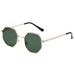 Retro octagonal gold metal frame sunglasses with dark green lenses for men and women