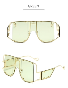 Detailed views of oversized punk sunglasses with green lenses and gold rivet accents