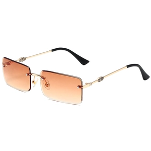 Fashionable rimless square metal sunglasses with brown gradient lenses and gold frames