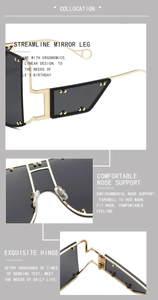 Detail view of the punk style sunglasses featuring rivet studs and a large black shield lens