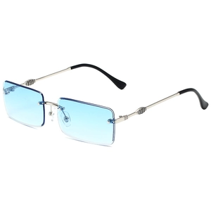 Frameless square sunglasses with light blue gradient lenses and silver engraved metal temples