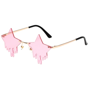 Star and water drop shaped rimless sunglasses with pink lenses and gold metal frame