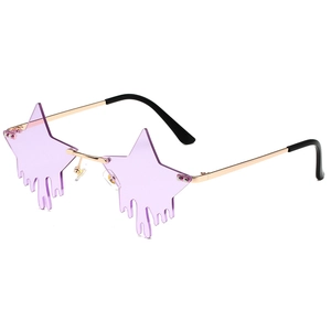 Pentagram star-shaped rimless sunglasses with purple drip effect and gold metal frames