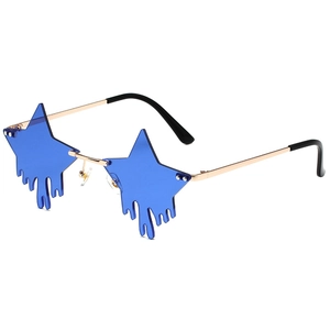 Star shaped rimless sunglasses with blue lenses and gold metal frame for party wear