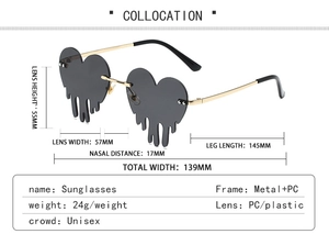 Spécifications détaillées des dimensions pour lunettes de soleil cœur sans monture