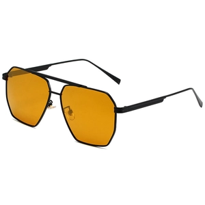 Vintage double bridge aviator sunglasses with black metal frame and yellow hex lenses