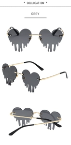Trois vues de lunettes de soleil sans monture en forme de larme grise avec monture dorée