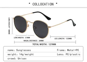 Detailed size chart for retro round metal sunglasses with gold frame dimensions