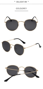 Three-angle view of vintage round gold metal sunglasses with polarized grey lenses