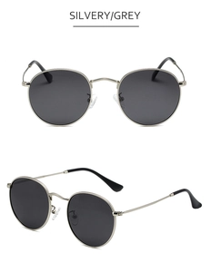 Detailed view of vintage round silver metal frames with dark grey polarized lenses