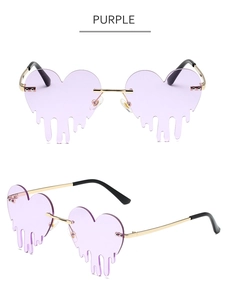 Détails de lunettes de soleil sans monture en cœur violet avec effet de goutte fondante
