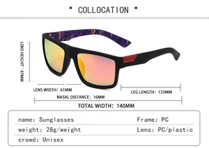 Size chart showing lens height 47mm and width 140mm for polarized sports sunglasses