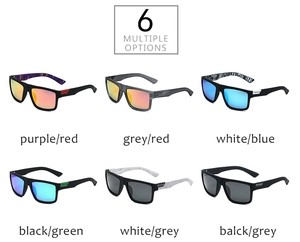 Six assorted polarized sports sunglasses with rectangular frames and varied patterns